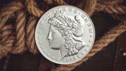 Close-up of a large silver Morgan coin used in magic tricks, with detailed engravings.
