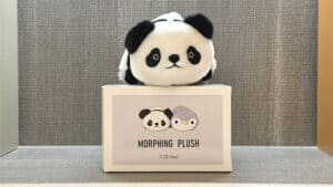 Morphing plush toy transforming from panda to penguin grey, by Jackie Zhao and JT Magic.