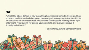 Magic trick illustration with colorful gift boxes for Giftism by Deuce Gala Magic.