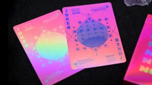 Pink holographic moon playing cards for magic tricks and card illusions.