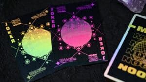 Vivid image of Moon (Black Holo) playing cards featuring cosmic design and holographic effects, idea.