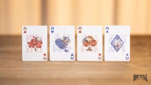 Playing cards with a tiger mascot and rose design for magic tricks and card illusions.