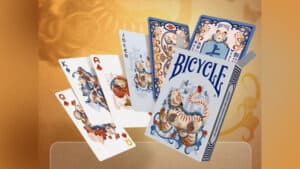 Colorful Bicycle playing cards with a tiger mascot and floral design, perfect for magic tricks and c.