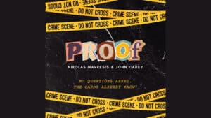 Close-up of "PROOF" magic trick poster with crime scene tape background.