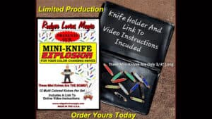 Explosive mini-knife set for magic tricks, featuring colorful knives and a black case with instructi.