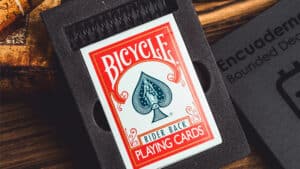 Close-up of Bicycle Rider Back playing cards in a deck box.