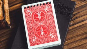 Close-up of a red-backed playing card from the Magical Tricks deck.