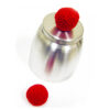 Metal chop cup with red crochet ball for magic tricks.