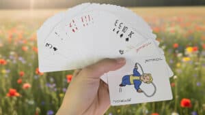 Playing cards from the "Fall Out" deck for magic tricks.