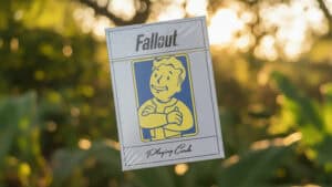 Fall Out themed playing cards featuring Vault Boy illustration for magic tricks.