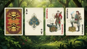 Skeleton pirates themed playing cards with skulls and swords.