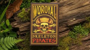 Skeleton pirates playing cards with skull and crossbones design for magic tricks.