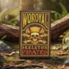 Skeleton pirates playing cards with skull design in a forest setting.