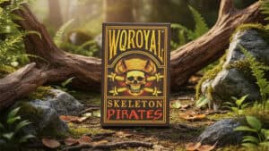 Skeleton pirates playing cards with skull design in a forest setting.