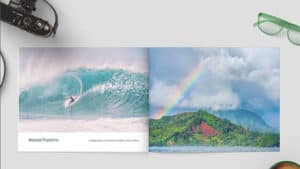 Surfer riding a large wave at Bonzai Pipeline, Oahu's North Shore.