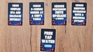 Set of prize cards showcasing luxury rewards for magic tricks and contests.