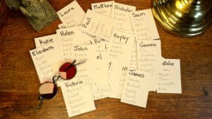 Magical tricks with name tags and sunglasses for entertainment.