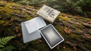 Refraction playing cards deck on mossy log, magic trick prop for illusions.