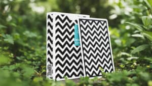 Unique black and white zigzag playing cards for magic tricks and illusions.