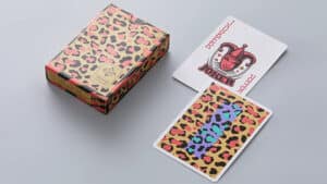 Colorful leopard print affection playing cards for magic tricks and card illusions.