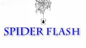 Spider hanging from a web with "Spider Flash" text, magic trick by Mago Flash.