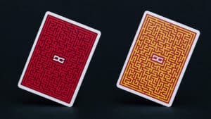 Two maze-themed playing cards from the DG Maze Deck for magic tricks.