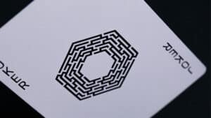 Intricate maze design on a playing card for magic tricks and illusions.