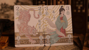 Intricate Chinese-themed playing cards featuring a tiger and a woman in traditional attire.