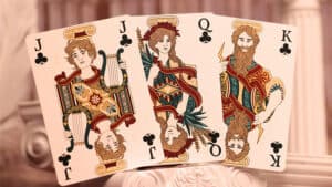 Elegant playing cards featuring mythological designs from the Temple of Artemis at Ephesus.