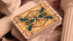 Colorful ornate playing cards inspired by ancient Greek art and architecture.