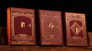 Magic trick cards featuring pine, walnut, and teak roots designs for illusions and performances.