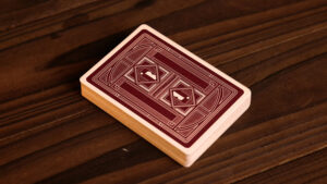 Close-up of a red-backed playing card deck for magic tricks.