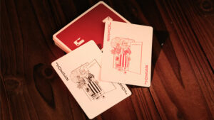 Close-up of playing cards for magic tricks on a wooden table.