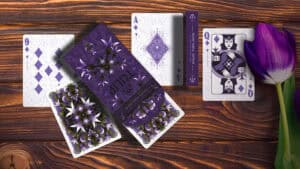 Elegant purple tulip-themed playing cards for magic tricks and card enthusiasts.