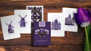 Purple Tulip-themed playing cards by Dutch Card House Company for magic tricks and card enthusiasts.