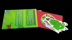 Colorful children's magic trick set with animal-themed cards and instructions.