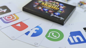 Social Monte card game with social media icons and colorful design.