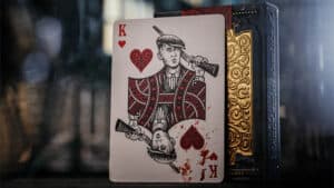Peaky Blinders themed playing cards with vintage design and red heart and spade symbols.