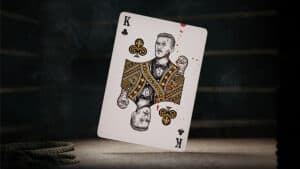 Close-up of a King of Clubs playing card from Peaky Blinders themed deck by theory11.