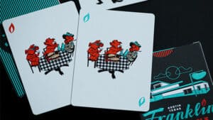 Vintage-style retro black playing cards featuring cartoon characters for magic tricks and card illus.