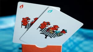 Franklin BBQ orange playing cards featuring cartoon animals at a table.