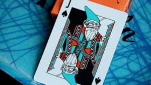 Franklin BBQ themed orange playing cards with intricate geometric design.
