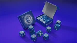 Blue forcing dice set for magic tricks and illusions.
