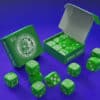 Green forcing dice set for magic tricks and mentalism performances. Perfect for illusions and card m.