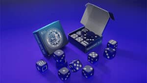 Transparent blue forcing dice set for magic tricks and illusions.