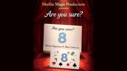 Close-up of a magic card trick with the number 8 and playing cards on a red curtain background.