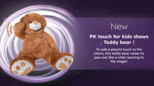 Plush teddy bear toy demonstrating PK touch chairs for kids' magic shows.