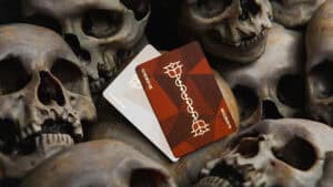 Skulls and roses themed playing cards for magic tricks and card illusions.