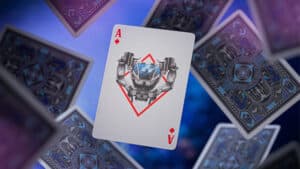 Close-up of an Avatar-themed playing card from theory11 deck, surrounded by other cards.