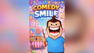 Cartoon character performing a magic trick with a big smile and colorful background.